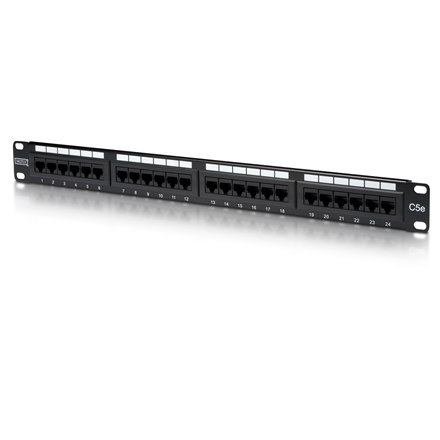 Digitus | Patch Panel | DN-91524U | Czarny | Kategoria: CAT 5e; Porty: 24 x RJ45; Wytrzymałość: 7,7 kg; Siła wkładania: 30N max 