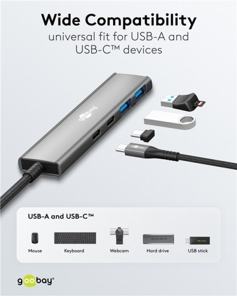 Goobay 76563 Slim 4-portowy koncentrator USB, USB-C™ auf USB-C™/USB-A, 5 Gbit/s, szary