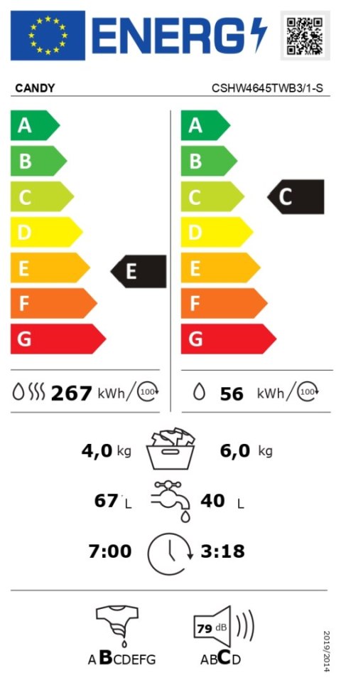 Pralka Candy z suszarką | CSHW4645TWB3/1-S | Klasa efektywności energetycznej C/E | Ładowana od frontu | Pojemność prania 6 kg |