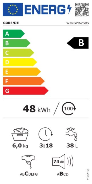 Gorenje Washing Machine | W3NGPI62SBS | Energy efficiency class B | Front loading | Washing capacity 6 kg | 1200 RPM | Depth 47 