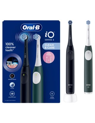 Oral‑B iO2 szczoteczka elektryczna dla dorosłych Duo pack 2 końcówki 3 tryby Night Black & Green Forest, ładowalna, timer 2 minu
