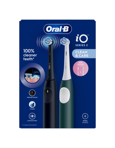 Oral‑B iO2 szczoteczka elektryczna dla dorosłych Duo pack 2 końcówki 3 tryby Night Black & Green Forest, ładowalna, timer 2 minu