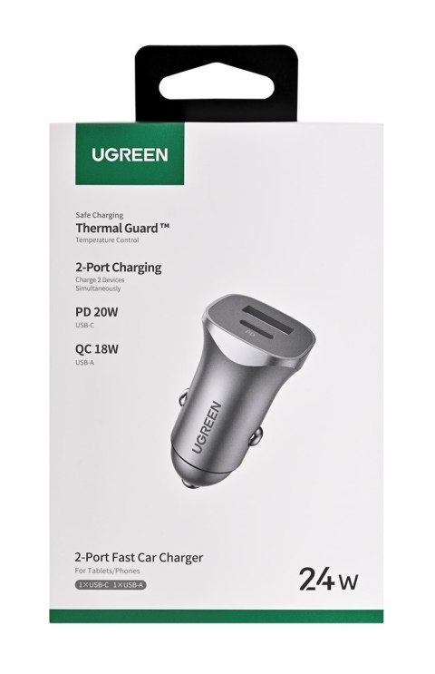 Ugreen ładowarka samochodowa USB Typ C / USB 24W Power Delivery Quick Charge szary (30780)