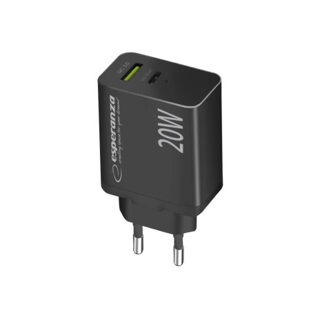 ESPERANZA ŁADOWARKA SIECIOWA 20W USB-C PD 20W / USB-A QC 3.0 18W CZARNA EZC105K