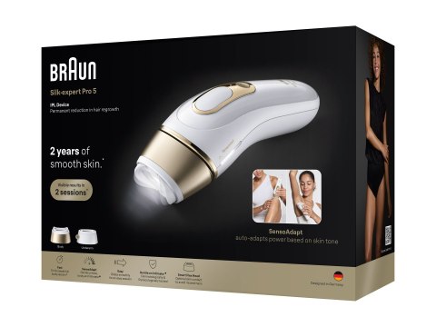 Depilator IPL marki Braun | Silk-expert Pro 5 PL5210 | Liczba poziomów mocy: 3 | Kolor: biały/złoty