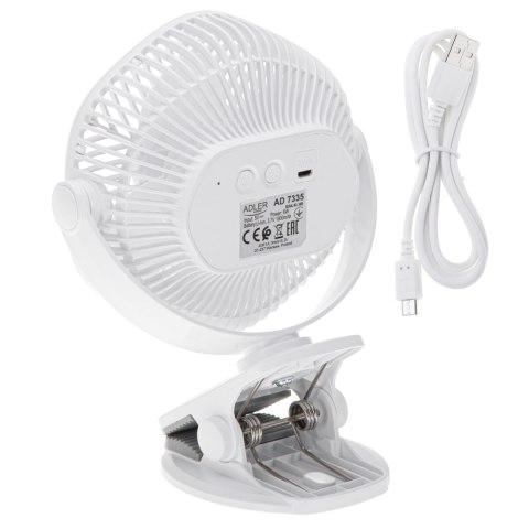 Wentylator Adler | AD 7335 | Do przypięcia | 6 W | 12,7 cm | 3 poziomy prędkości | Oscylacja 360° | Biały | Stołowy