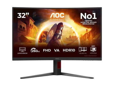 AOC C32G4Z | 32" | VA | FHD | 16:9 | 240 Hz | 0,3 ms | 1920 x 1080 pikseli | 300 cd/m² | Liczba portów HDMI: 1 | Czarny