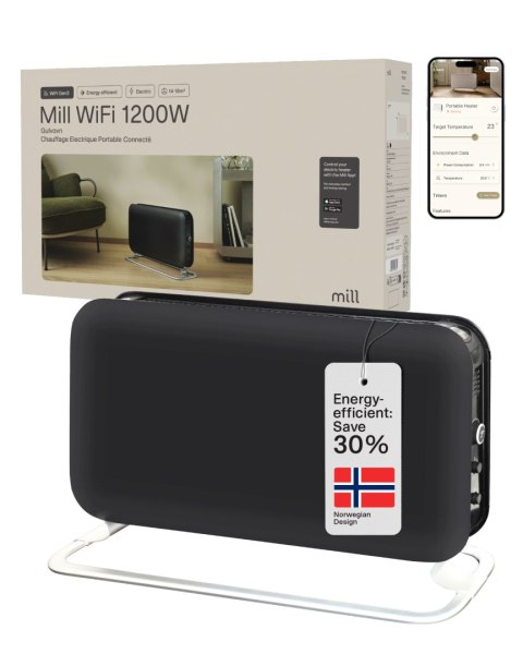 Mill CO1200WIFI3BLACK GEN3 - grzejnik konwekcyjny, 1200 W, stalowe fronty, wyświetlacz LED, czarny | Mill | Grzejnik | CO1200WIF