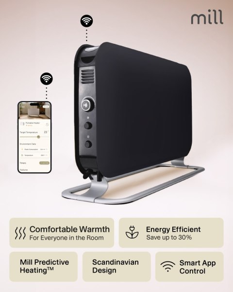 Mill CO1200WIFI3BLACK GEN3 - grzejnik konwekcyjny, 1200 W, stalowe fronty, wyświetlacz LED, czarny | Mill | Grzejnik | CO1200WIF