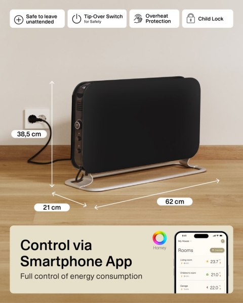 Mill CO1200WIFI3BLACK GEN3 - grzejnik konwekcyjny, 1200 W, stalowe fronty, wyświetlacz LED, czarny | Mill | Grzejnik | CO1200WIF