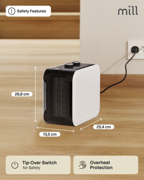 Mill | Kompaktowa grzałka wentylatorowa PTC | CUS1800MECW | Wentylator PTC | 1800 W | Liczba poziomów mocy: 3 | Przeznaczona do 