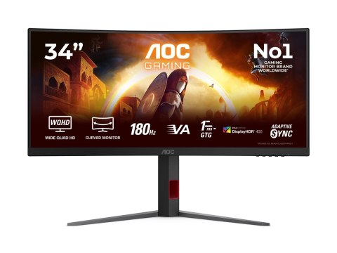 AOC CU34G4CA | 34" | Szybki wyświetlacz VA | WQHD | 21:9 | 180 Hz | 1 ms | 3440 x 1440 pikseli | 450 cd/m² | Liczba portów HDMI: