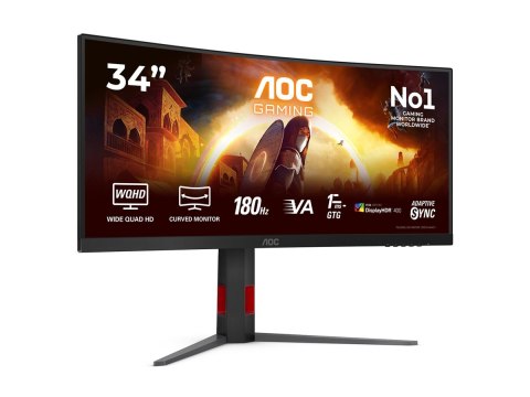 AOC CU34G4CA | 34" | Szybki wyświetlacz VA | WQHD | 21:9 | 180 Hz | 1 ms | 3440 x 1440 pikseli | 450 cd/m² | Liczba portów HDMI: