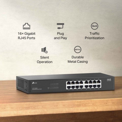 16-portowy przełącznik Gigabit TP-LINK | LS1016G | Niezarządzalny | Do ustawienia na biurku lub montażu w szafie serwerowej