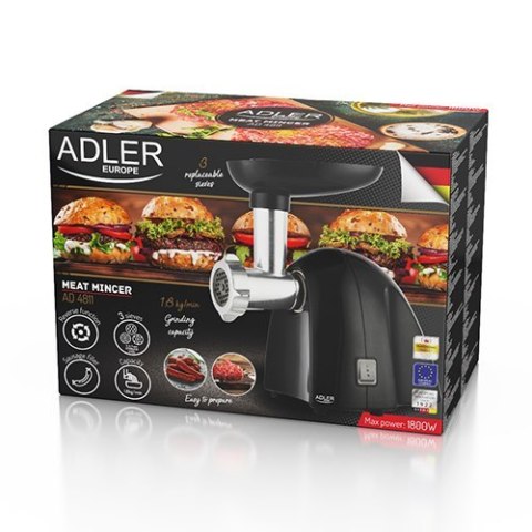 Adler | Maszynka do mielenia mięsa | AD 4811 | Czarny | 600 W | Liczba prędkości 1 | Wydajność (kg/min) 1,8 | 3 wymienne sitka: 