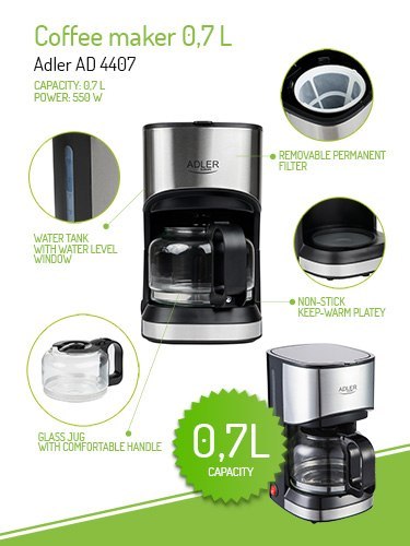 Adler | Ekspres do kawy | AD 4407 | Drip | 550 W | Czarny