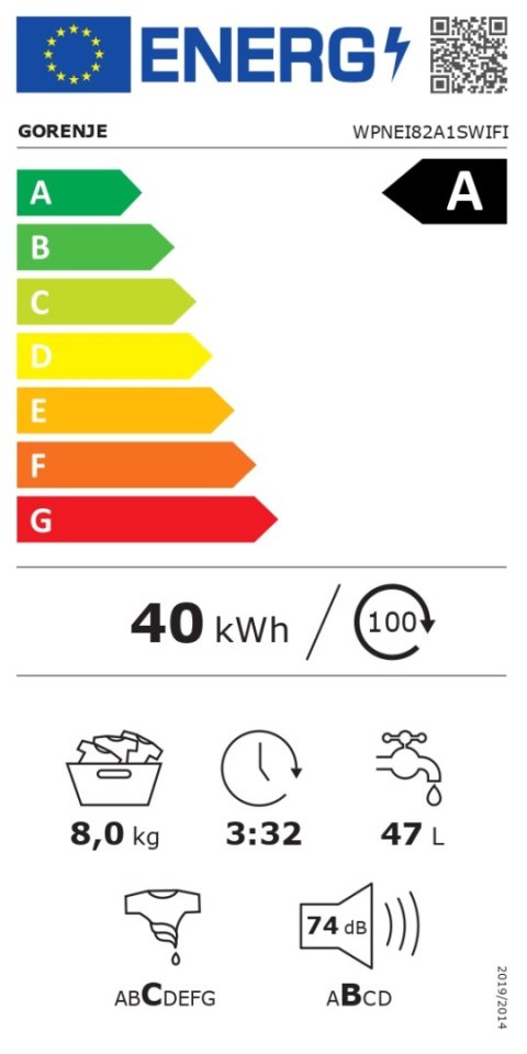 Gorenje Washing machine | WPNEI82A1SWIFI | Energy efficiency class A | Front loading | Washing capacity 8 kg | 1200 RPM | Depth 