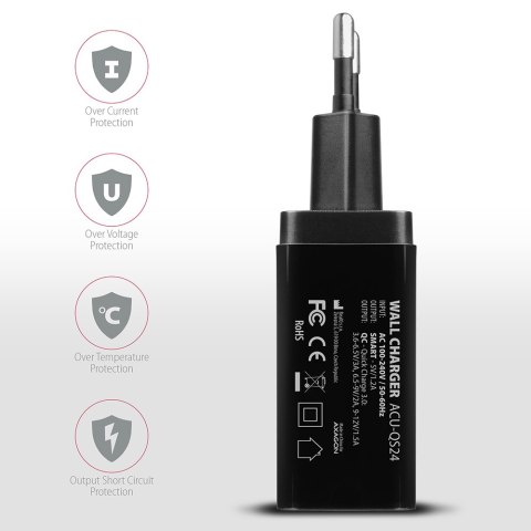 AXAGON Dual wallcharger 240V/2x USB port QC3.0/AFC/FCP and 5V-1.2A, 24W | ACU-QS24