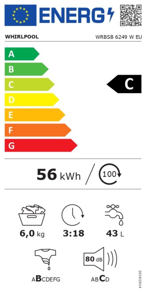 Pralka Whirlpool | WRBSB 6249 W EU | Klasa efektywności energetycznej C | Ładowana od frontu | Pojemność prania 6 kg | 1200 obr/